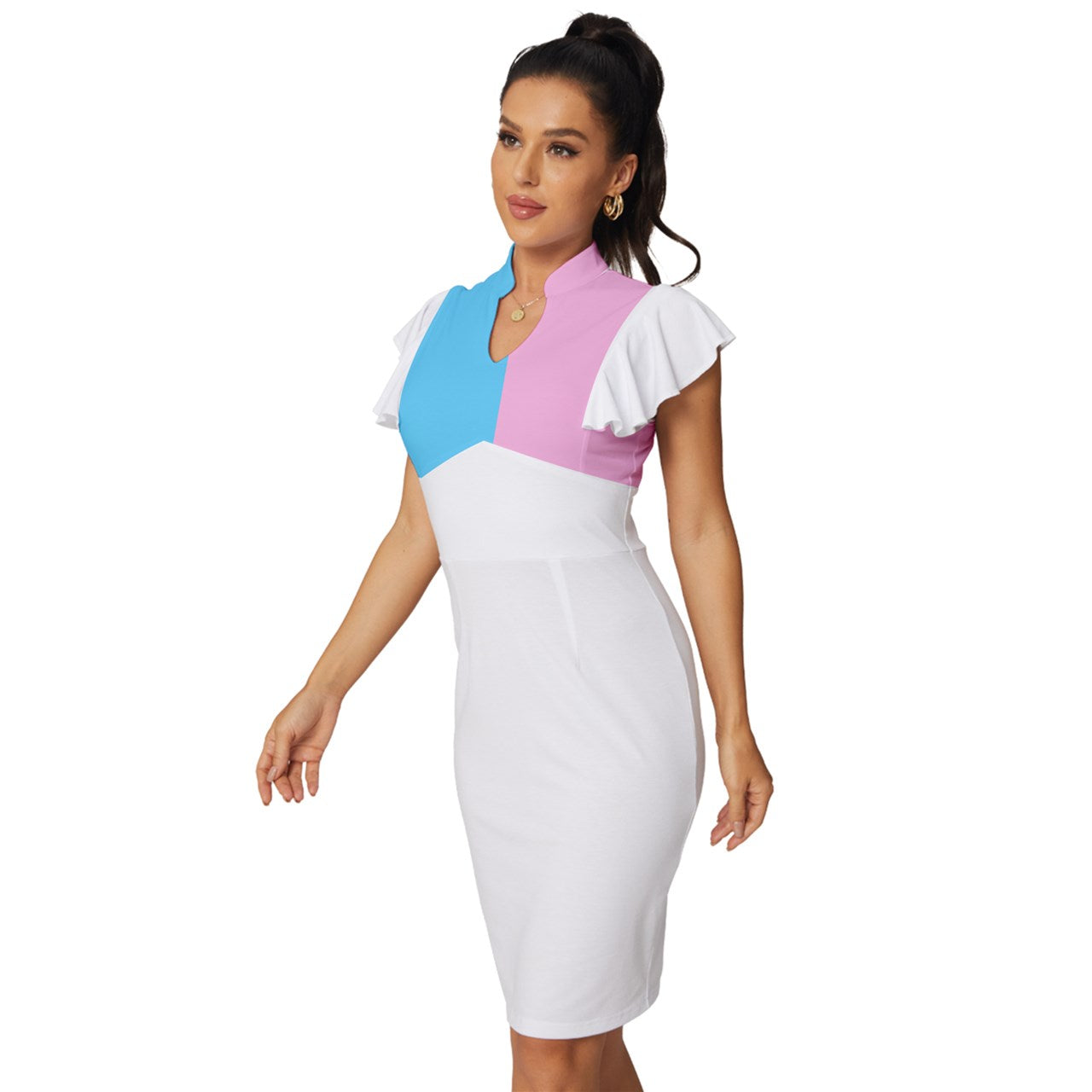 Blue Pink White Pride Vintage Frilled-Sleeve Collared Bodycon Dress