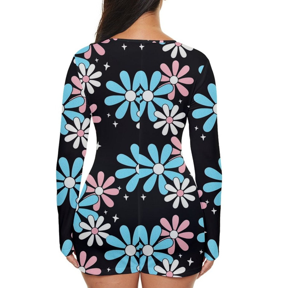 Teen-Plus Size Blue Pink White Big Daisies Series Black Short Romper