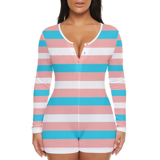 Teen-Plus Size Blue Pink White Candy Striped Short Romper