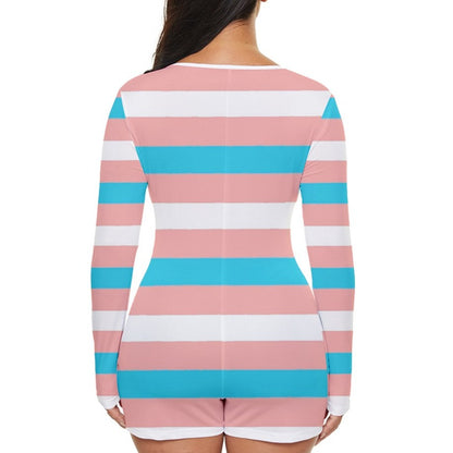 Teen-Plus Size Blue Pink White Candy Striped Short Romper