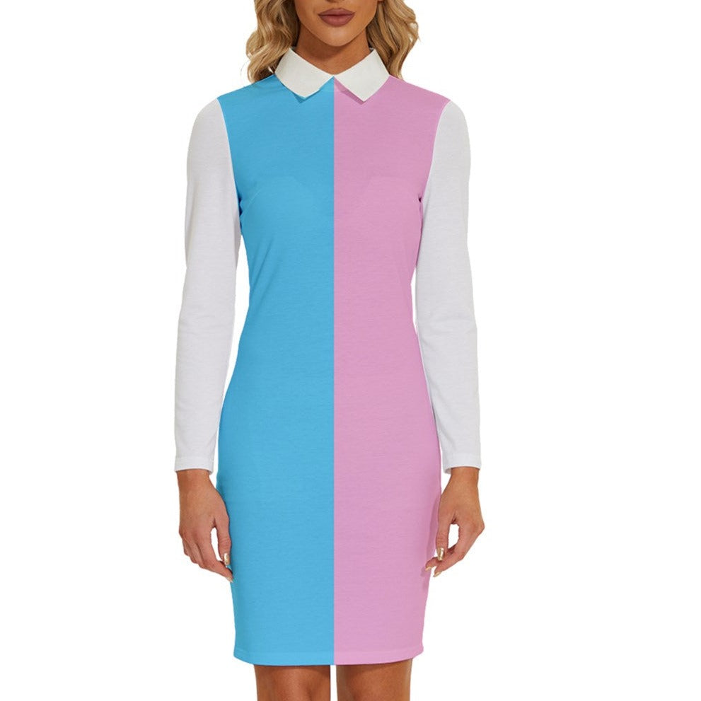 Plus Size Blue Pink White All Over Pride Shirt-Collar Style Bodycon Dress