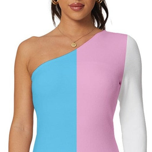 Teen - Plus Size Blue Pink White Pride Long-Sleeve One Shoulder Mini Dress