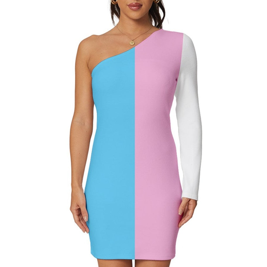 Teen - Plus Size Blue Pink White Pride Long-Sleeve One Shoulder Mini Dress