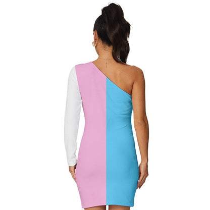 Teen - Plus Size Blue Pink White Pride Long-Sleeve One Shoulder Mini Dress