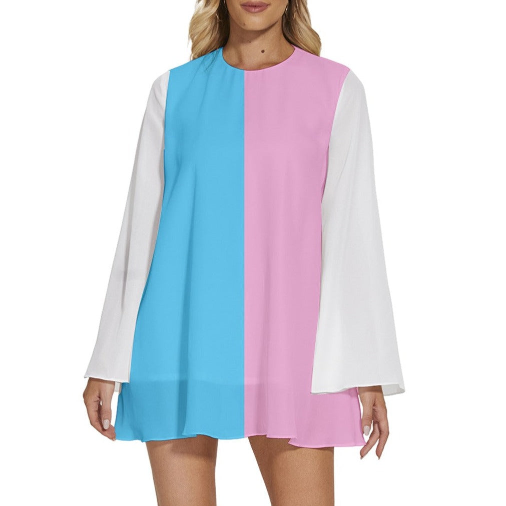 Plus Size Blue Pink White Pride Long-Sleeved Boho-Style Chiffon Mini Dress