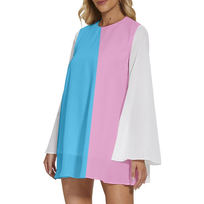 Plus Size Blue Pink White Pride Long-Sleeved Boho-Style Chiffon Mini Dress