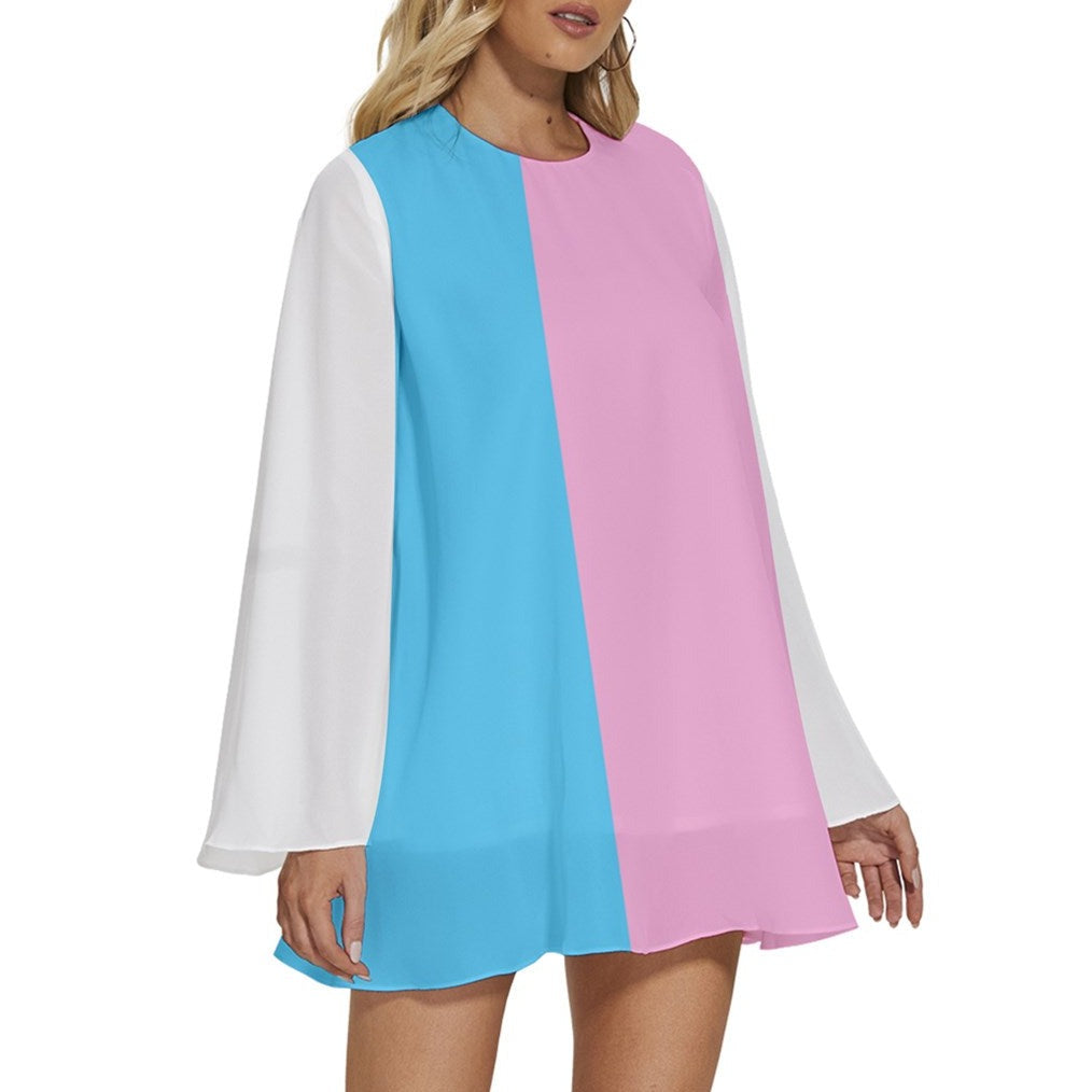 Plus Size Blue Pink White Pride Long-Sleeved Boho-Style Chiffon Mini Dress