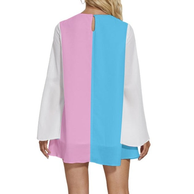 Plus Size Blue Pink White Pride Long-Sleeved Boho-Style Chiffon Mini Dress