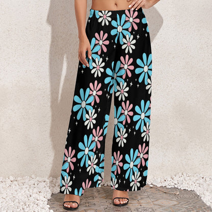 Plus Size Blue Pink White Big Daisies Series Black Wide-Legged Palazzo