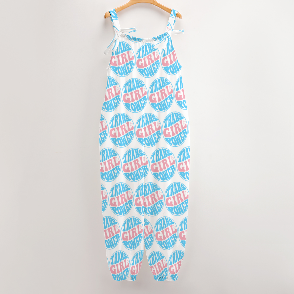 Blue Pink White All Over Pride 'TRANS GIRL POWER' White Bow-Tie Dungarees