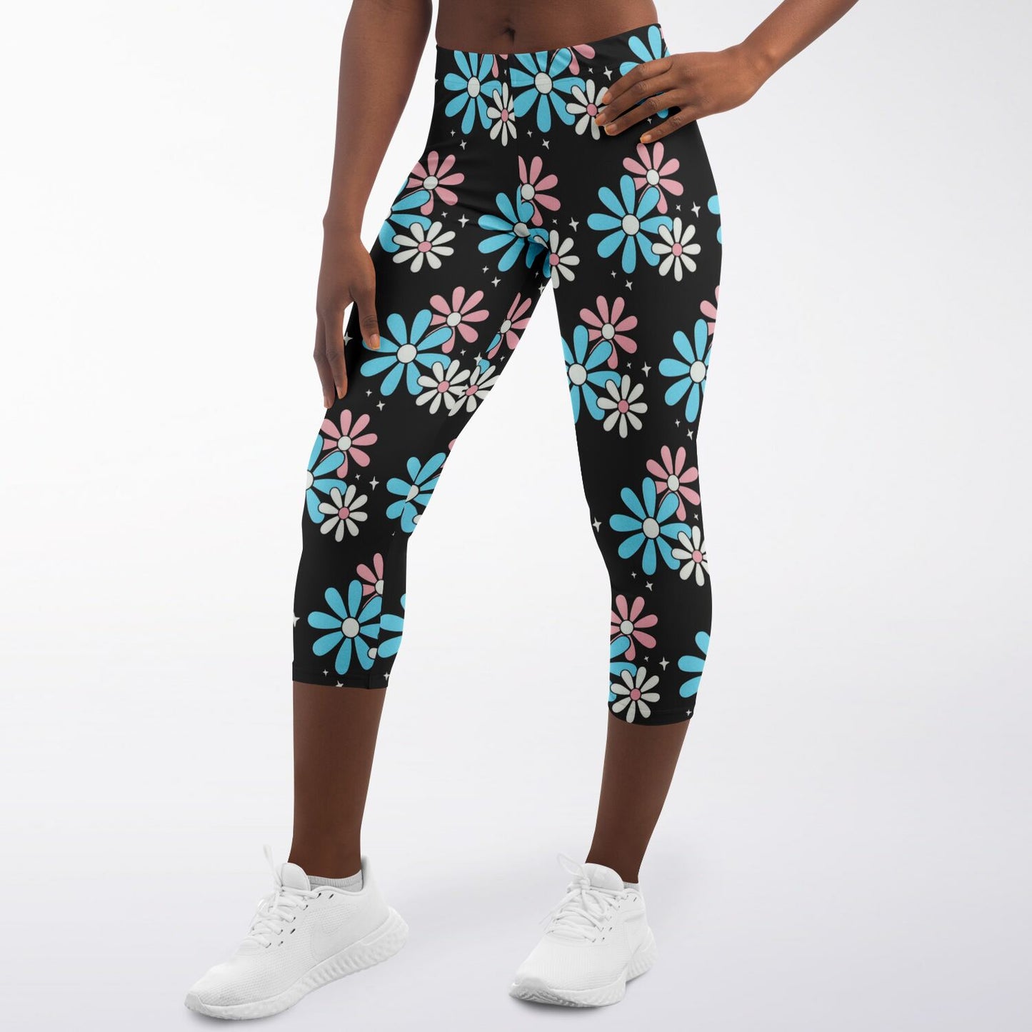 Blue Pink White Big Daisies Series Black Pilates Yoga Capri