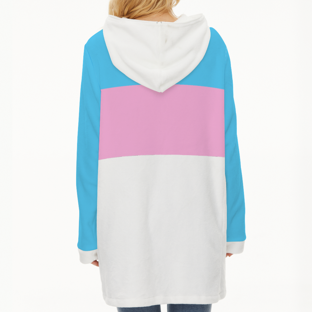 Plus Size Blue Pink White Pride Long Plush Zip-Front Hooded Jacket