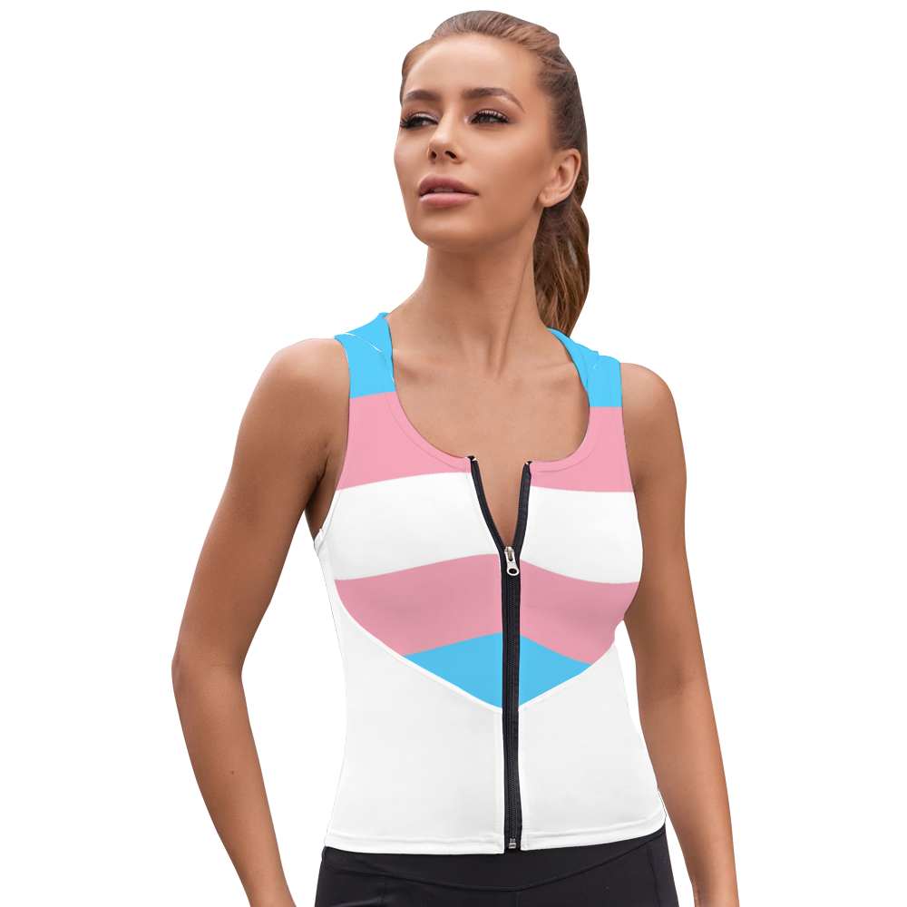 Trans Coloured Trans Pride White Zip-UP Hooded Athleisure Tank