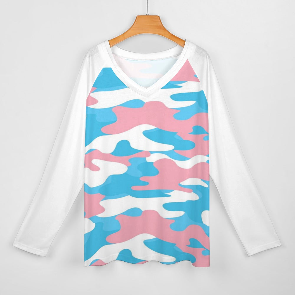 Plus Size Blue Pink White Camouflage Pride Deep V-Neck Loose-Fitting Casual T-Shirt