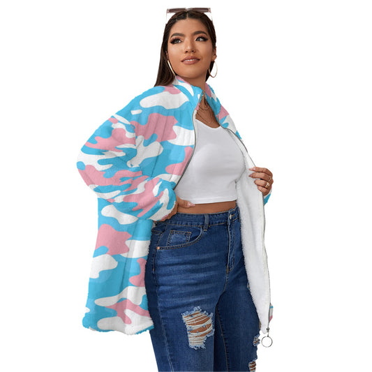 Plus Size Blue Pink White Camouflage All-Over Pride Borg Fleece Coat