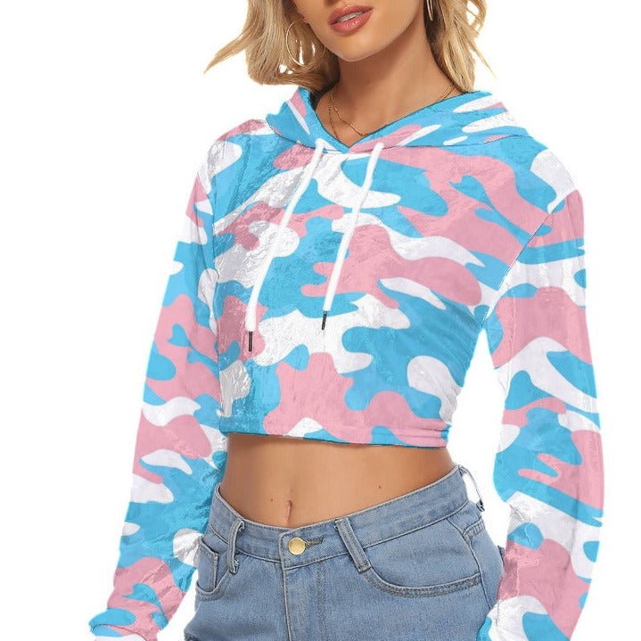 Blue Pink White Pride Camouflage Drop-Shouldered Cropped Velveted Hoodie