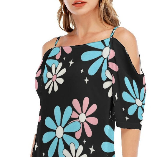 Blue Pink White Big Daisies Pride Series Black Off-Shoulder Cami Dress