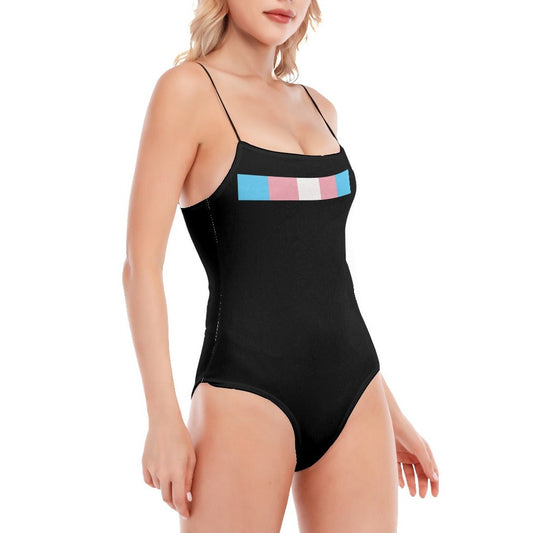 Teen - Blue Pink White Subtle Pride Ribbon Spaghetti-Strapped Black Bodysuit