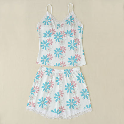 Plus Size Blue Pink White Big Daisies Series White Lace Edged Camisole Set