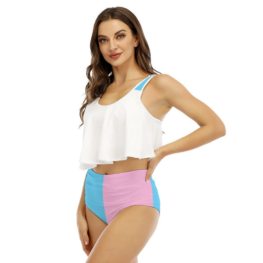 Teen Blue Pink White Transgirl Vive l'Paris Pride Two-Piece White Ruffled Bikini Set