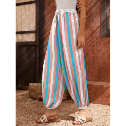 Blue Pink White All Over Pride Candy Striped Baggy Tie-Up Lounge Pants