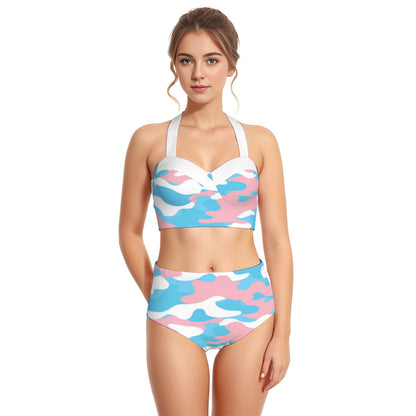 Blue Pink White Pride Camouflage Halter Neck Swimsuit Set