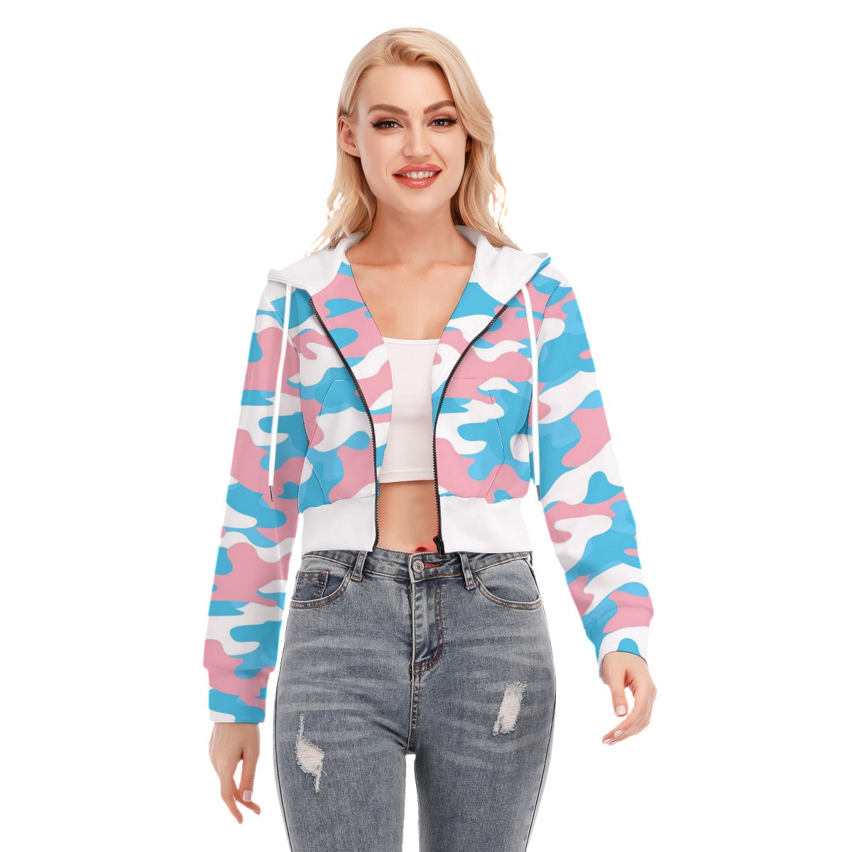 Teen Blue Pink White Pride Camouflage Cropped Hooded Jacket