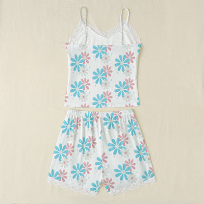 Plus Size Blue Pink White Big Daisies Series White Lace Edged Camisole Set
