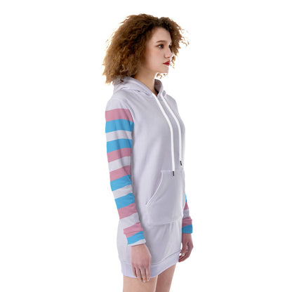 All-Over Trans Coloured Pride Candy Striped/White Heavy-Fleece Long Hoodie