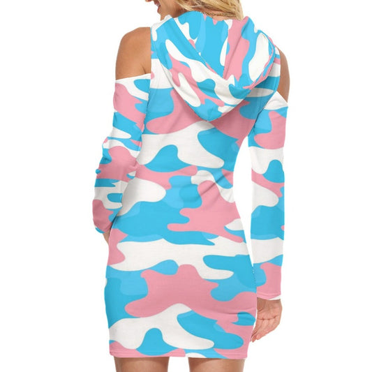 Teen Blue Pink White All-Over Pride Camouflage Cold-Shoulder Hooded Dress