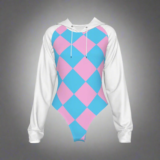 Teen Blue Pink White Pride Harlequin Raglan-Sleeve Hooded Bodysuit