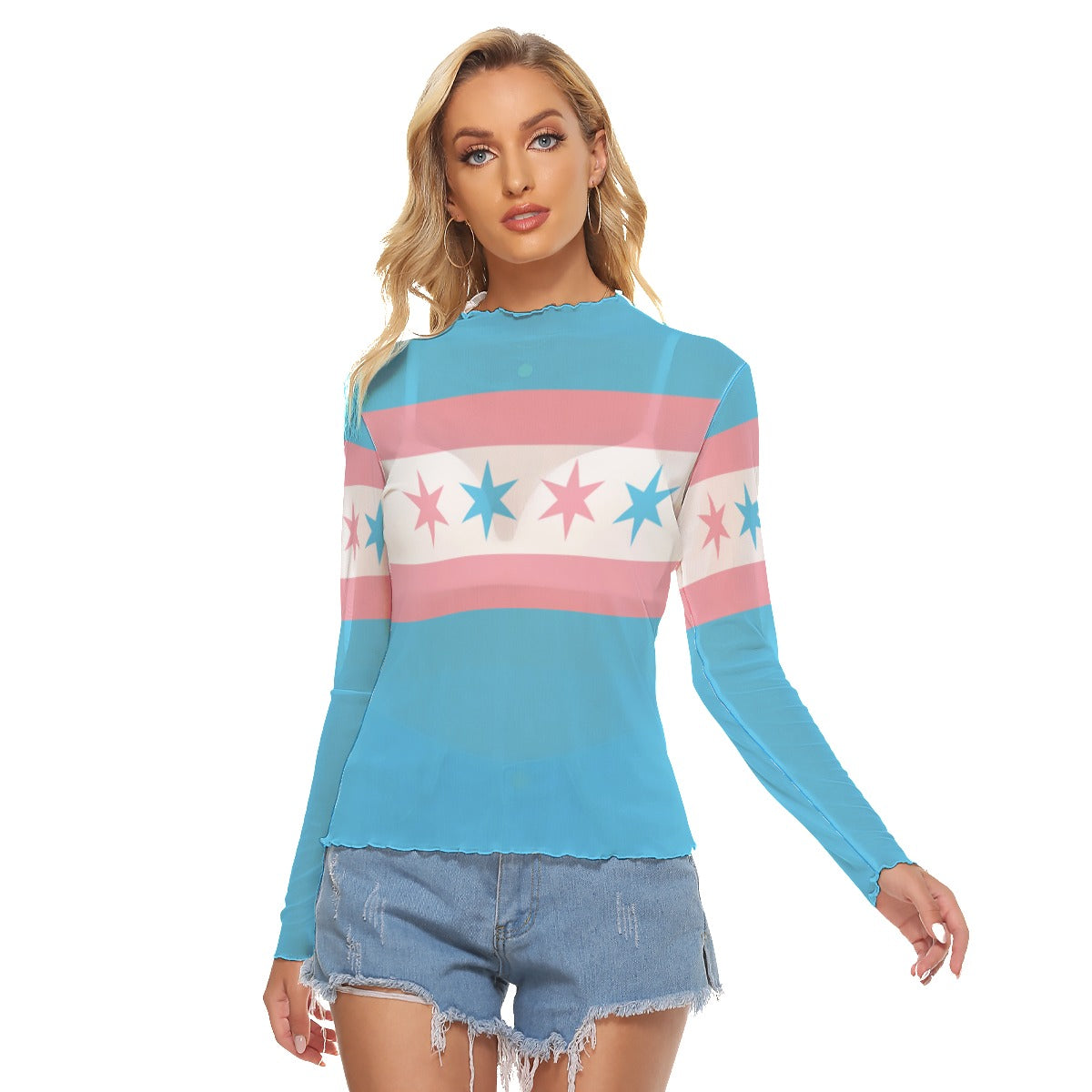 Teen Blue Pink White All-Over Pride See-Through Long-Sleeved T-Shirt