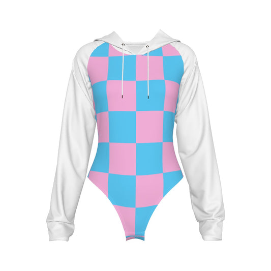 Teen Blue Pink White Pride Circus Check Raglan-Sleeve Hooded Bodysuit