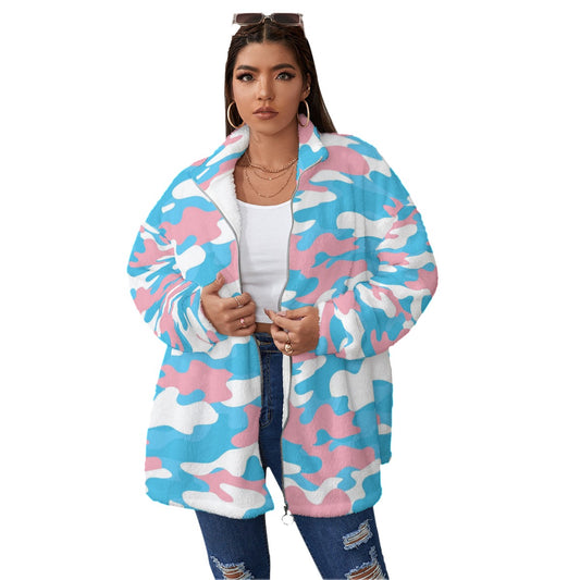 Plus Size Blue Pink White Camouflage All-Over Pride Borg Fleece Coat