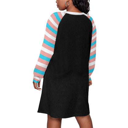 Plus Size Blue Pink White Pride Candy Stripe Sleeves Classic Round-Neck Black Dress