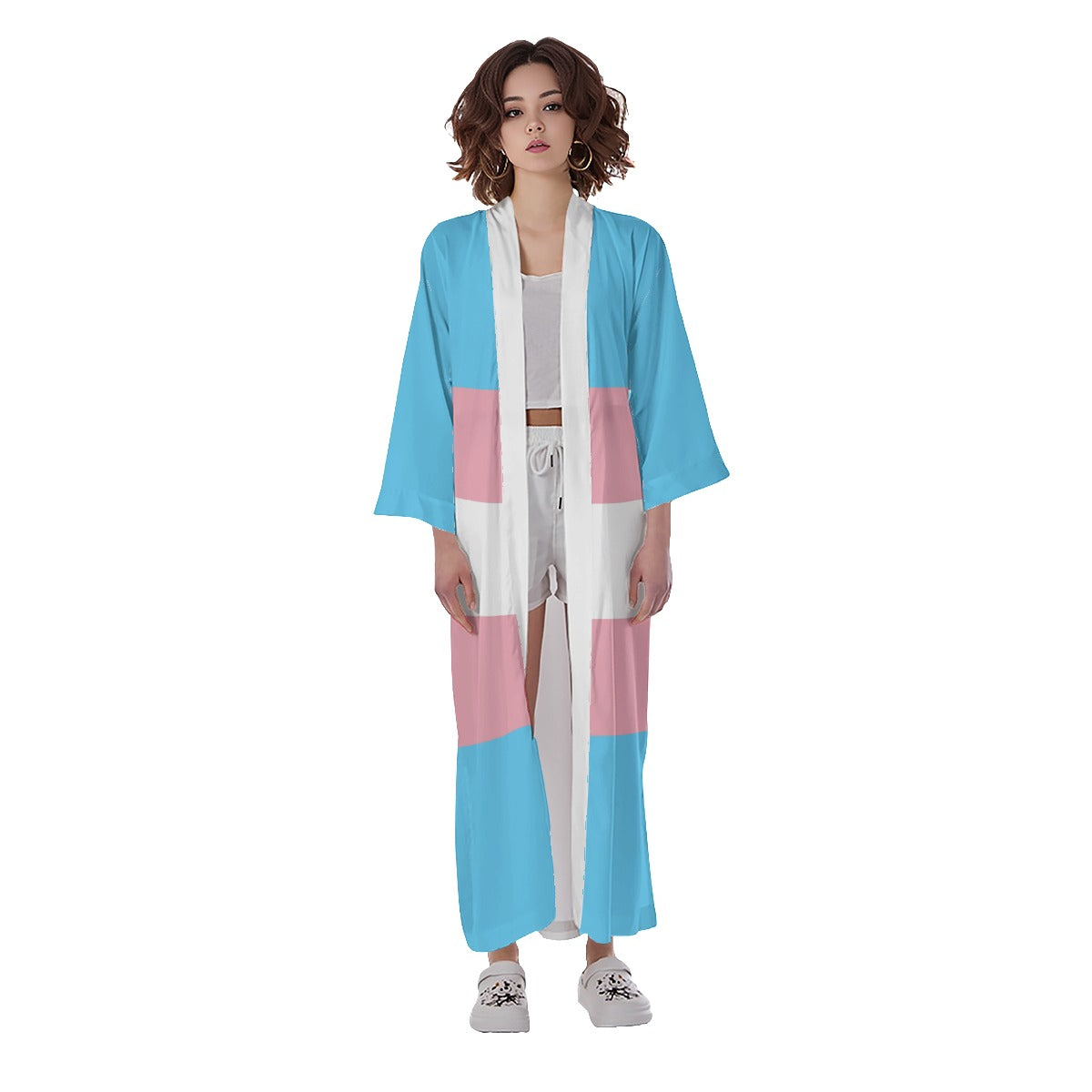 Teen Blue Pink White All Over Pride Long Satin Kimono Robe