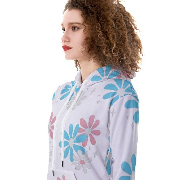 Blue Pink White All Over Trans Pride Big Daisies White Heavy Fleece Long Hoodie