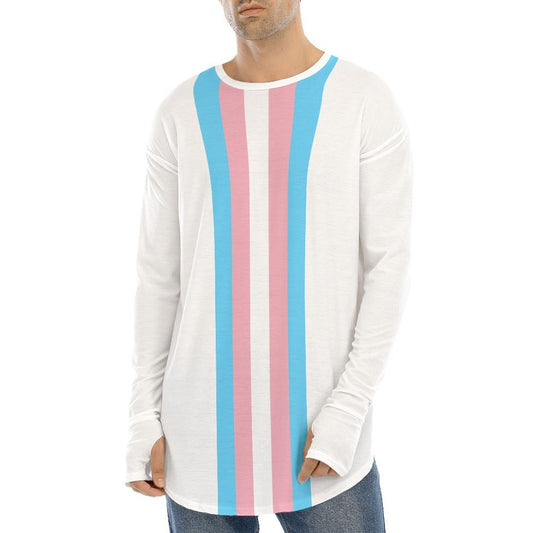 Plus Size Blue Pink White Pride Long White Fingerless-Gloved Sleeve Boyfriend T-Shirt