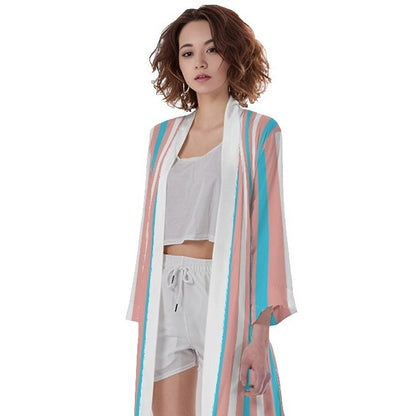 Teen Blue Pink White Pride Candy Striped Long Satin Kimono Robe