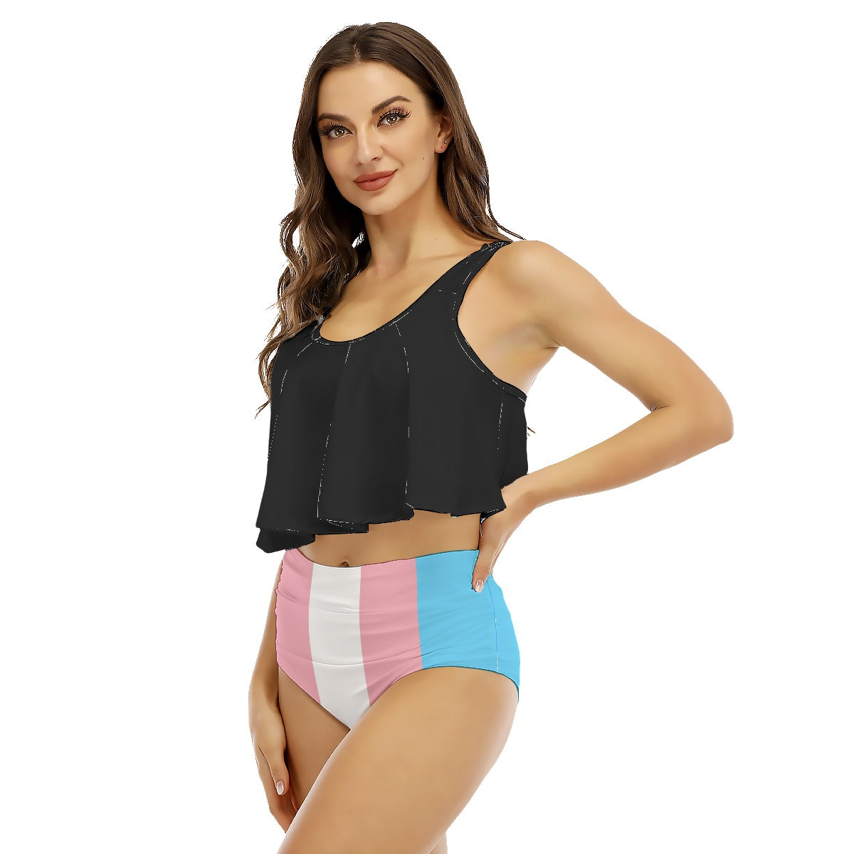 Teen Blue Pink White Transgirl Pride Two-Piece Black Ruffled Bikini Set