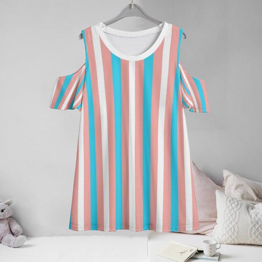 Blue Pink White All-Over Pride Candy Striped Cold Shoulder T-Shirt