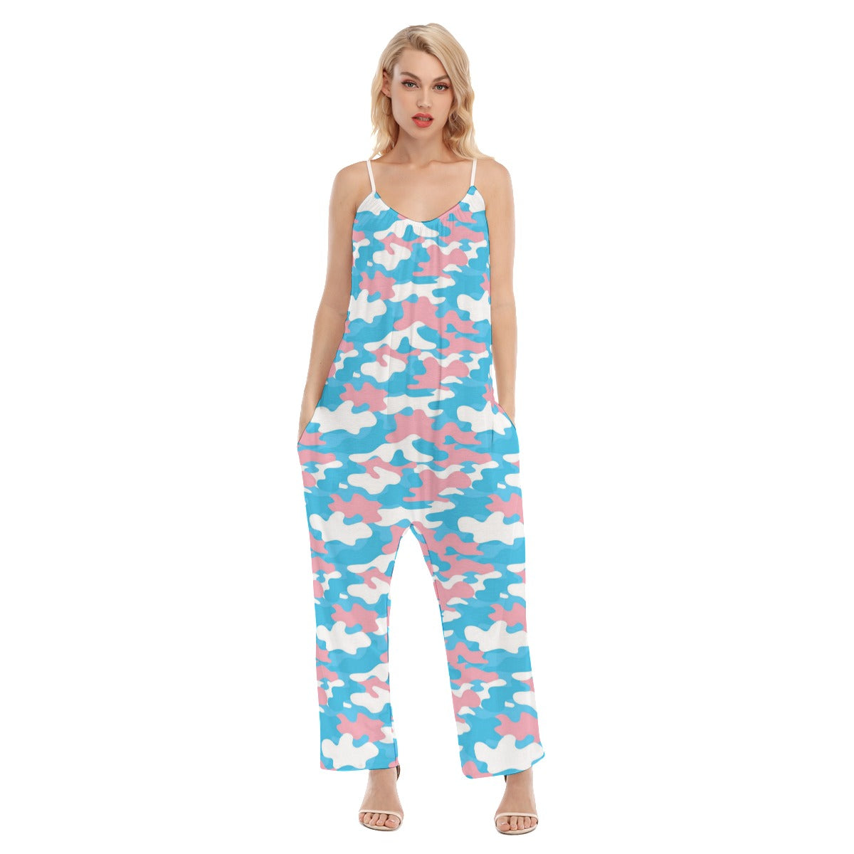 Trans Coloured Pride Camouflage Cami-Strapped Loose Baggy Jumpsuit