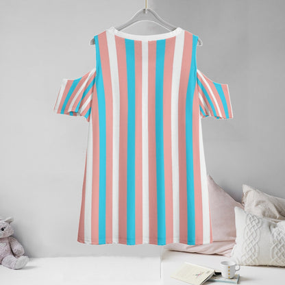 Blue Pink White All-Over Pride Candy Striped Cold Shoulder T-Shirt