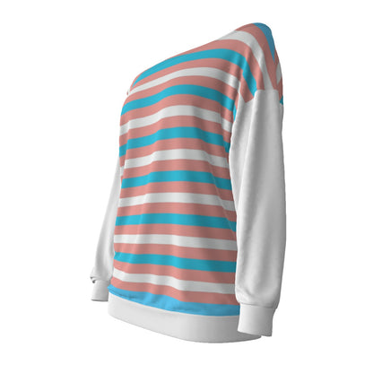Teen - Plus Size Blue Pink White Pride Candy Striped Off-Shoulder Sweatshirt