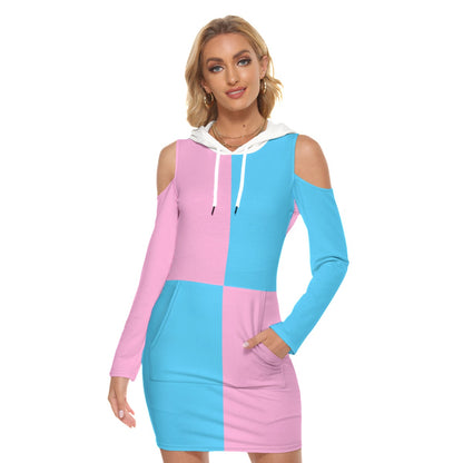 Teen Blue Pink White All-Over Pride Harlequin Cold-Shoulder Hooded Dress