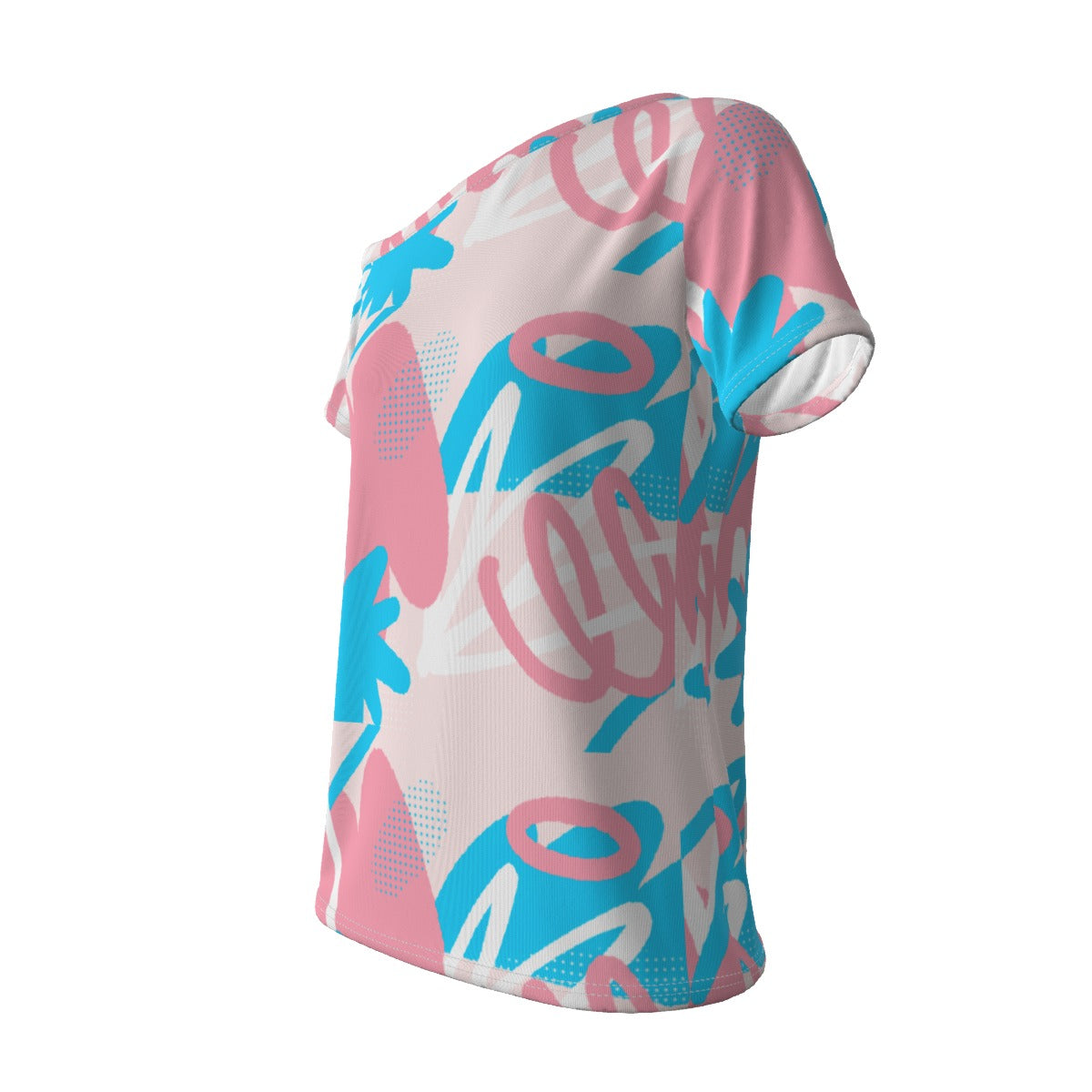 Blue Pink White All-Over Pride Doodling Off-Shoulder T-shirt