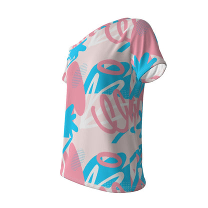 Blue Pink White All-Over Pride Doodling Off-Shoulder T-shirt