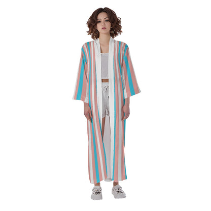 Teen Blue Pink White Pride Candy Striped Long Satin Kimono Robe