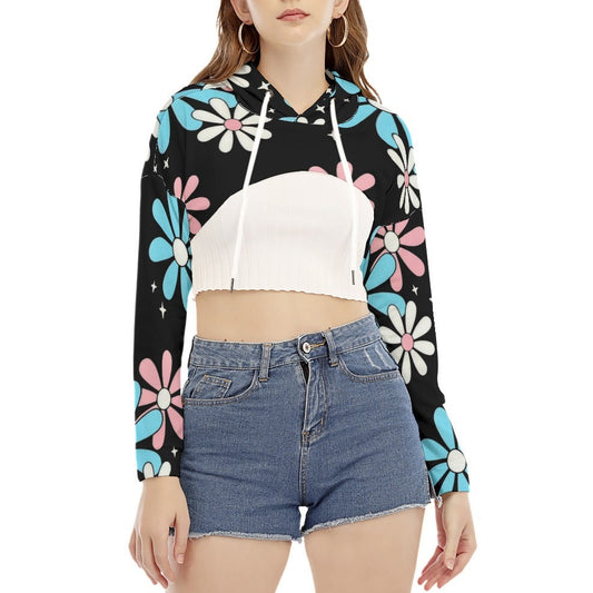 Teen Blue Pink White Big Daisies Pride Series Black Cropped Hooded Smock Top