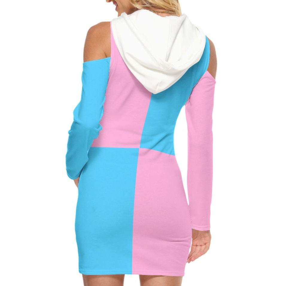 Teen Blue Pink White All-Over Pride Harlequin Cold-Shoulder Hooded Dress